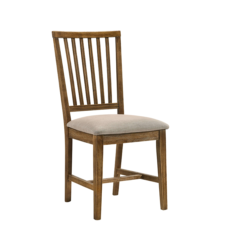 Wood dining room chair with tan padded seat