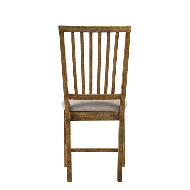 Wood dining chair in back view showing high back and sturdy legs