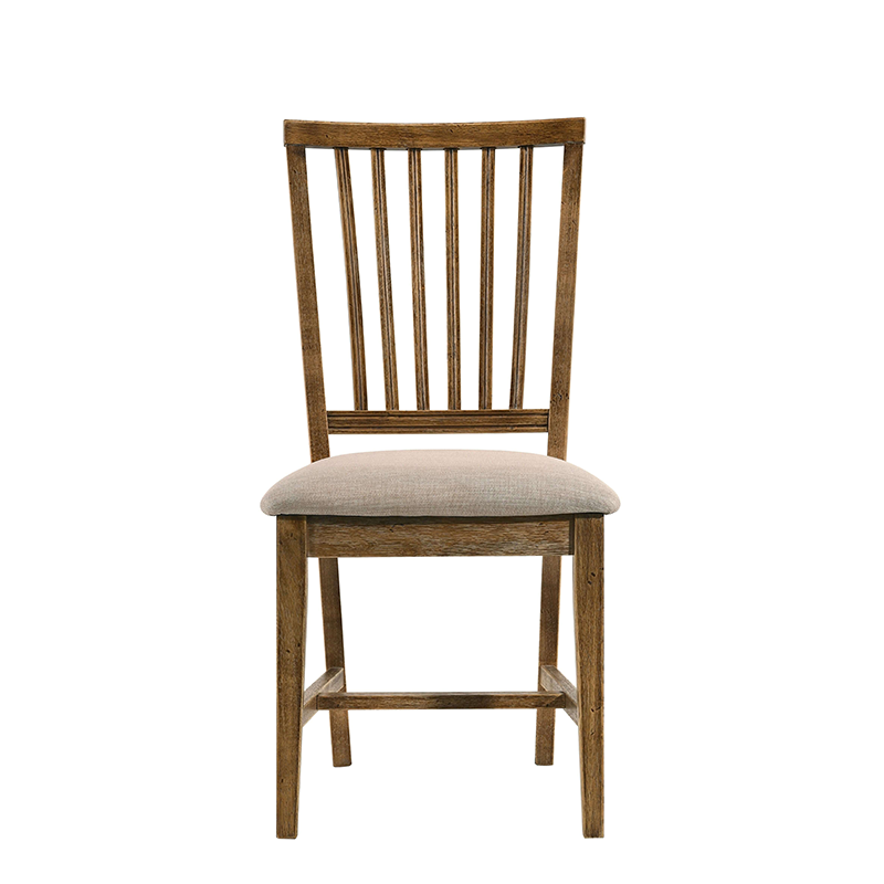 Wooden dining room chair in front view showing cusioned seat, high back and supporting legs