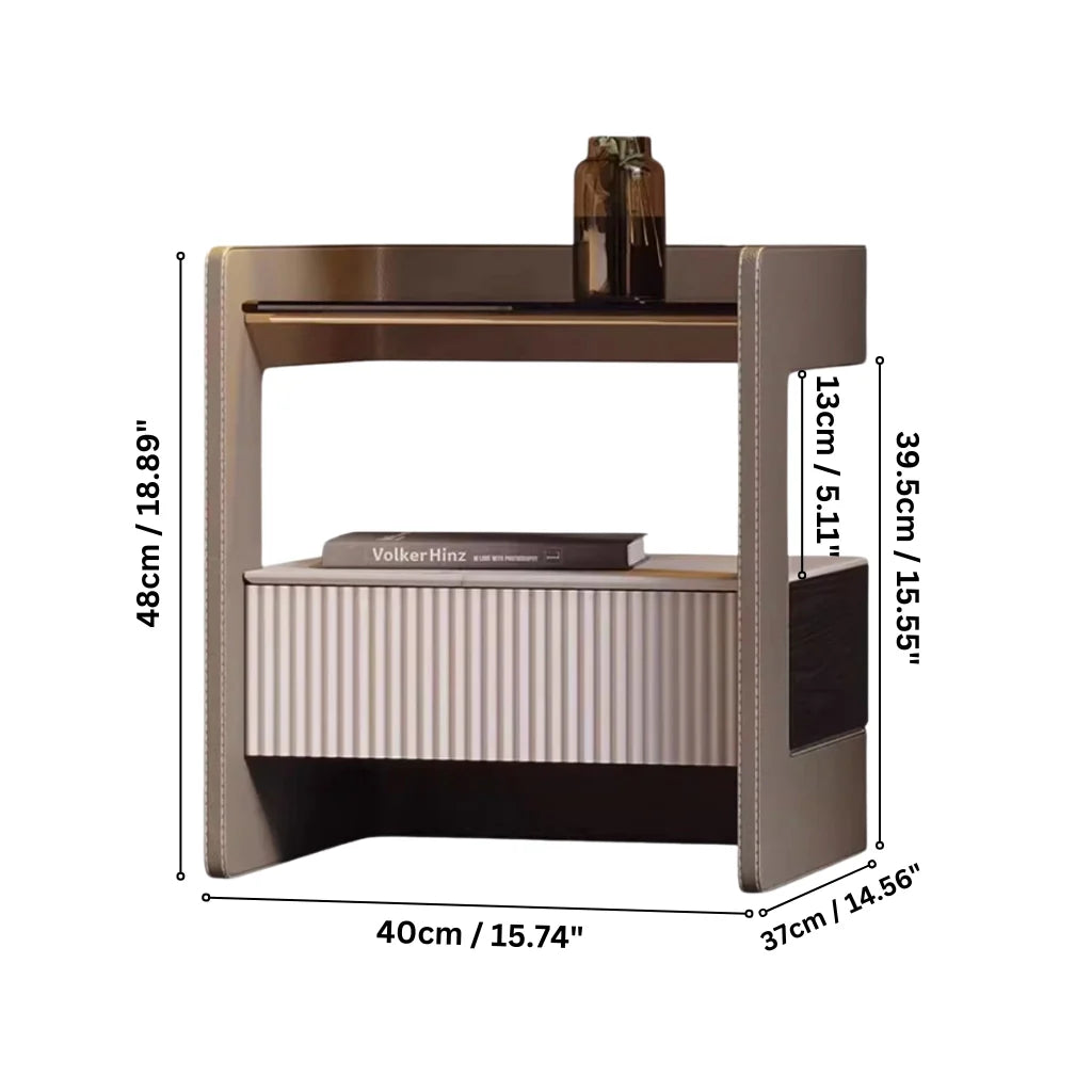 dimensions of a modern minimalist nightstand with a single drawer 