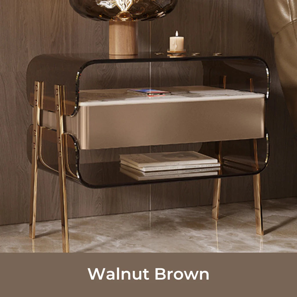 a modern acrylic nightstand in walnut brown