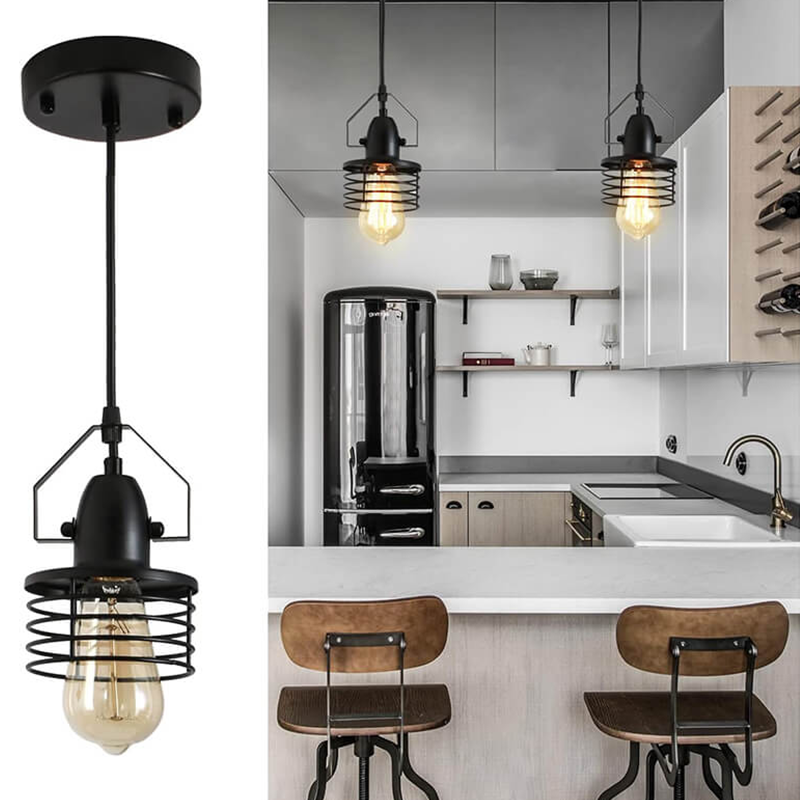 11" Industrial Black Metal Cage Pendant Light