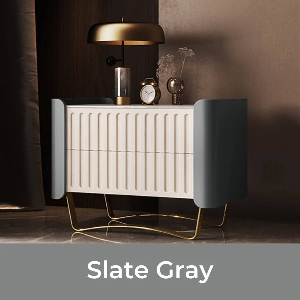 a modern wood nightstand in slate gray finish