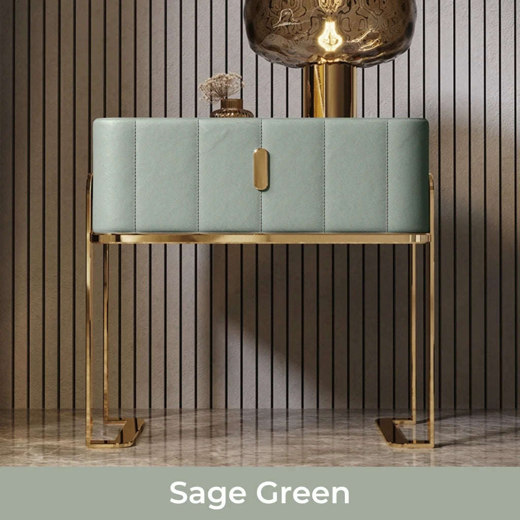 Modern Night Stand with Sintered stone Top in Sage Green and Gold 