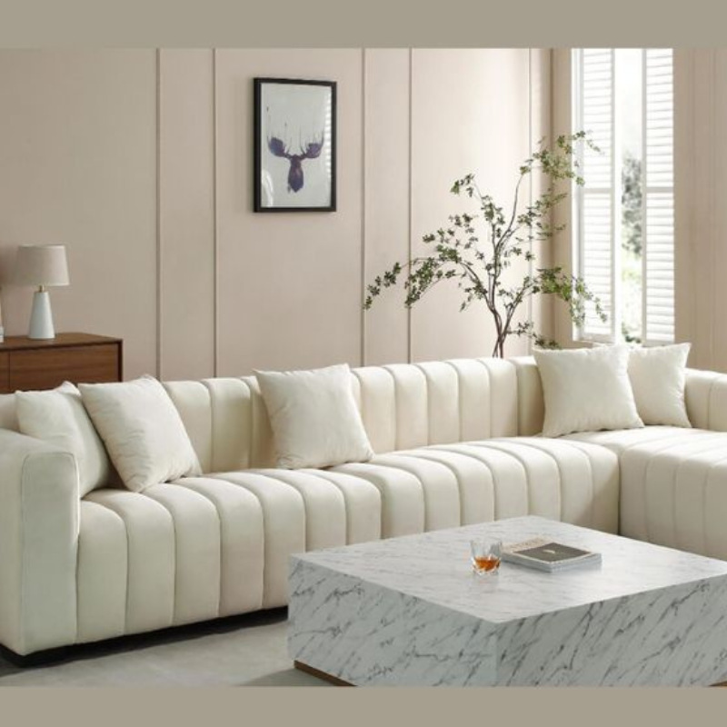 139 Modern Beige Channel Tufted L-shaped 6-seater Sectional Sofa