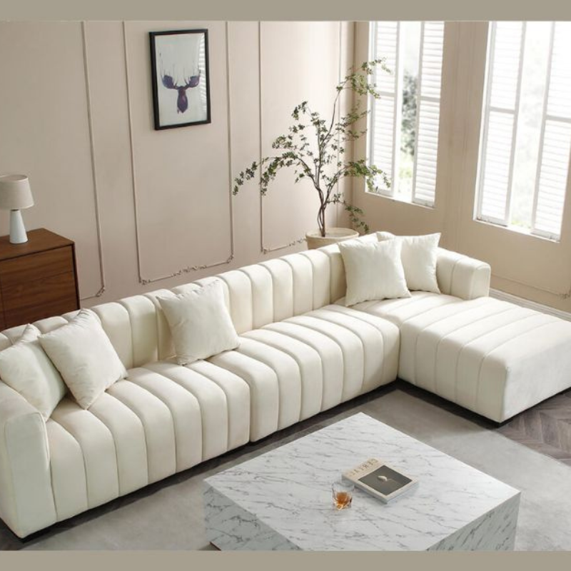 139 Modern Beige Channel Tufted L-shaped 6-seater Sectional Sofa