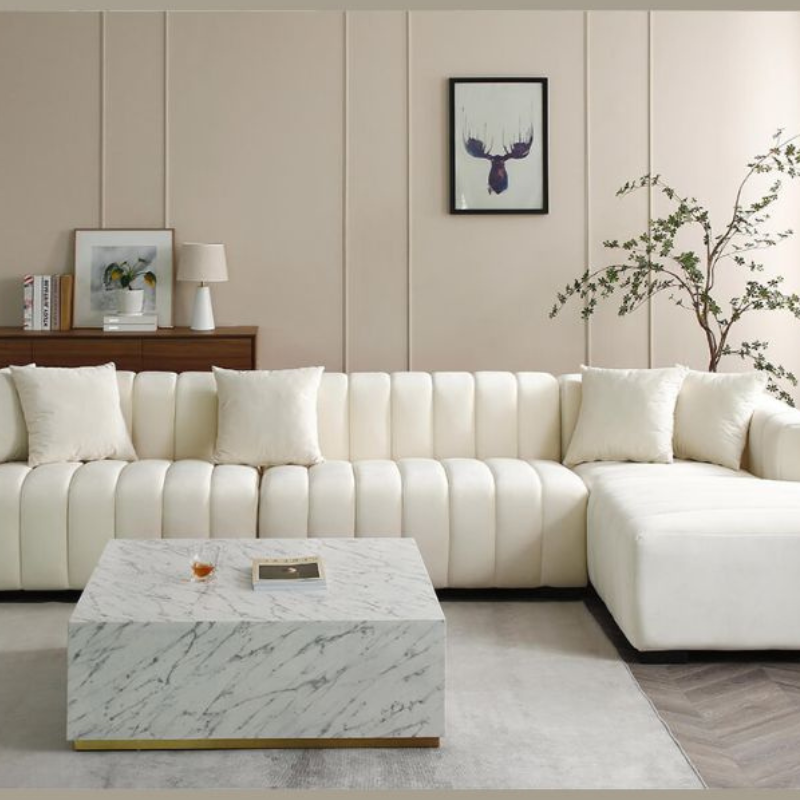 139 Modern Beige Channel Tufted L-shaped 6-seater Sectional Sofa