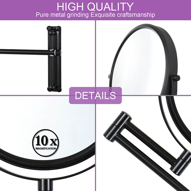 16.9"L Black Magnification Round Wall-Mounted Make-Up Mirror with 360° Swivel and Adjustable Height