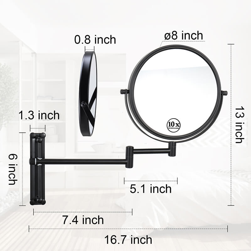 A dimension Image of the 16.9"L Black Magnification Round Wall-Mounted Make-Up Mirror with 360° Swivel and Adjustable Height