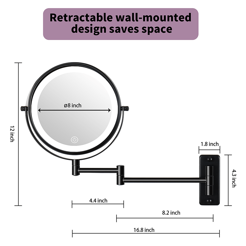 A dimension Image of the 16.9"L Black Wall-Mounted Make-Up Mirror with 360° Swivel and Extension Arm