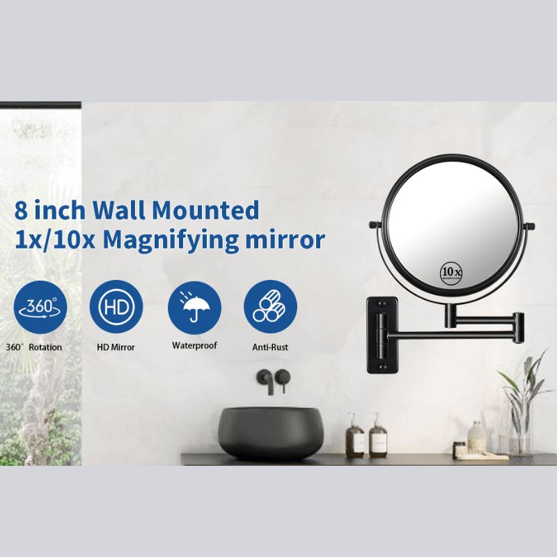 16.9"L Black Wall-Mounted Make-Up Mirror with 360° Swivel and Extension Arm