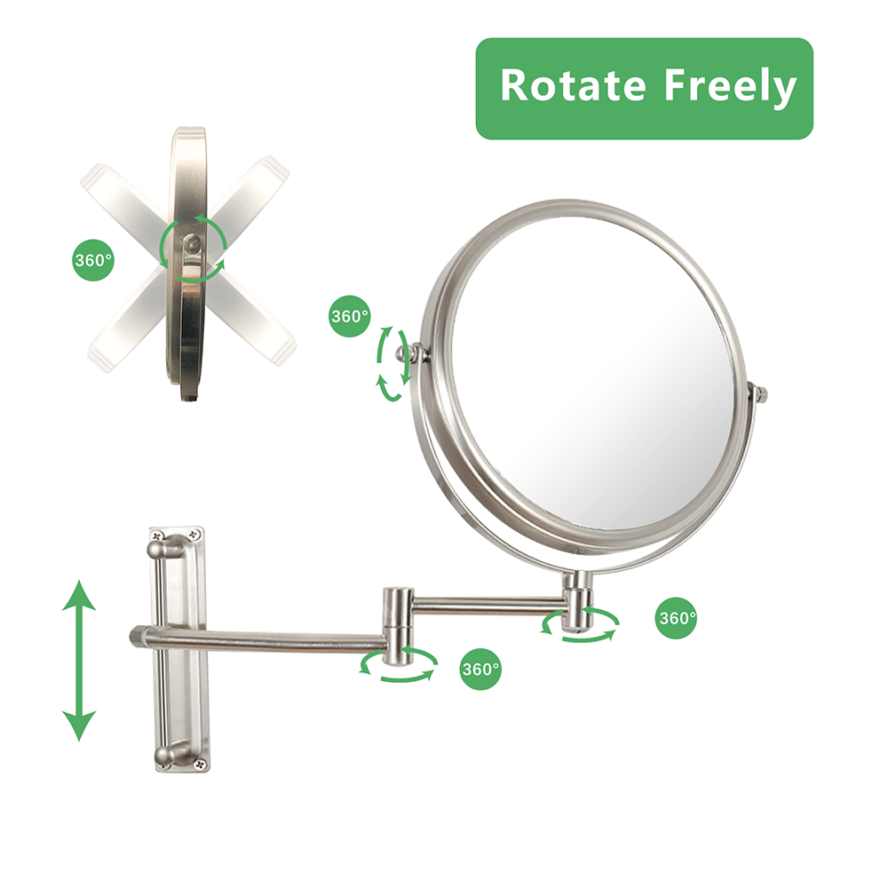 16.9"L Brushed Nickel Magnification Round Wall-Mounted Make-Up Mirror with 360° Swivel and Adjustable Height