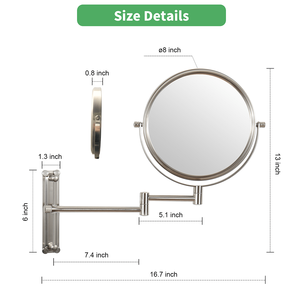 A dimension Image of the 16.9"L Brushed Nickel Magnification Round Wall-Mounted Make-Up Mirror with 360° Swivel and Adjustable Height