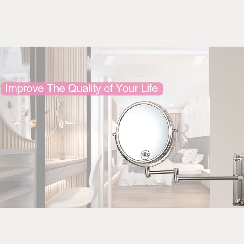 16.9"L Brushed Nickel Magnification Round Wall-Mounted Make-Up Mirror with 360° Swivel and Adjustable Height