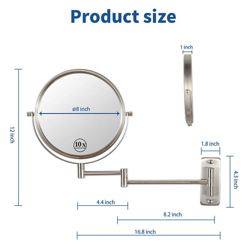 a dimension image of the 16.9"L Brushed Nickel Wall-Mounted Make-Up Mirror with 360° Swivel and Extension Arm