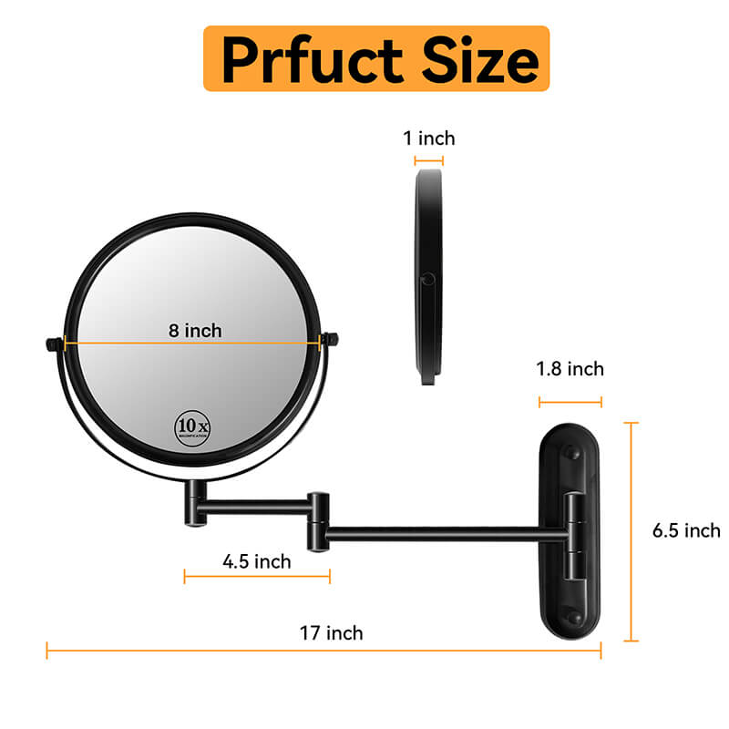 dimension image of the 17" Double-Sided Black Wall-Mounted 10X Magnifying Make-Up Mirror with 360° Swivel and Extension Arm