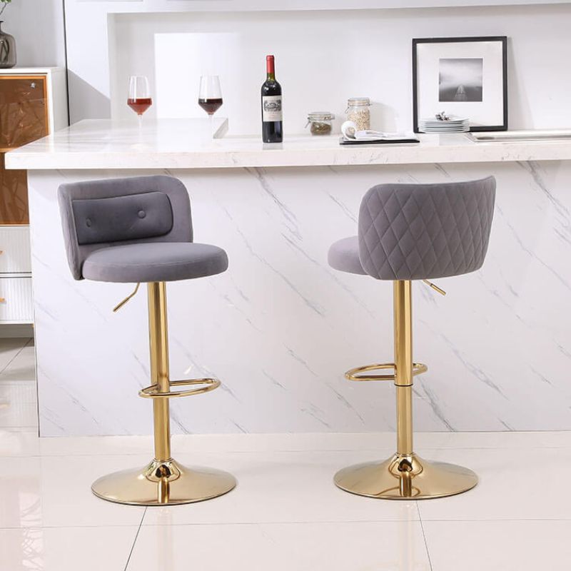 18.9" Gray Adjustable Tufted Bar Stool with Footrest and Small Lumbar Pillows 