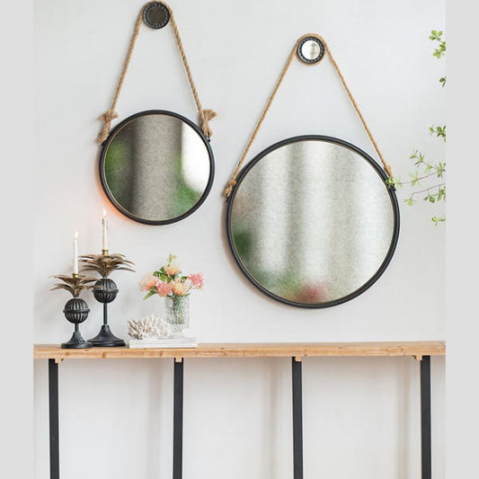 19.5" Contemporary Rope Strap Hanging Wall Mirror with Grey Round Metal Frame