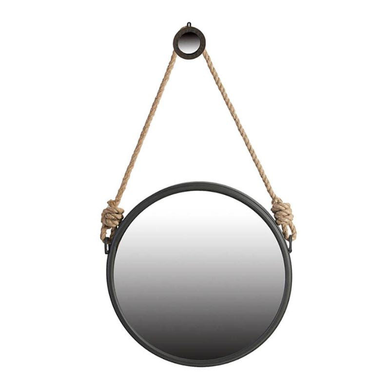 19.5" Contemporary Rope Strap Hanging Wall Mirror with Grey Round Metal Frame