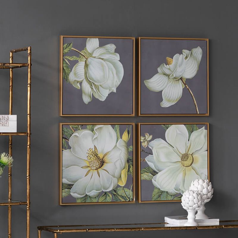 19.7" White and Gold Squared Flower Bloom Botanical Wall Arts - Set of 4