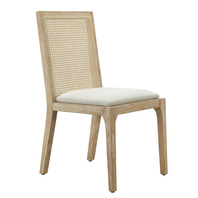 Wood dining chair with full cane back and padded seat in front view