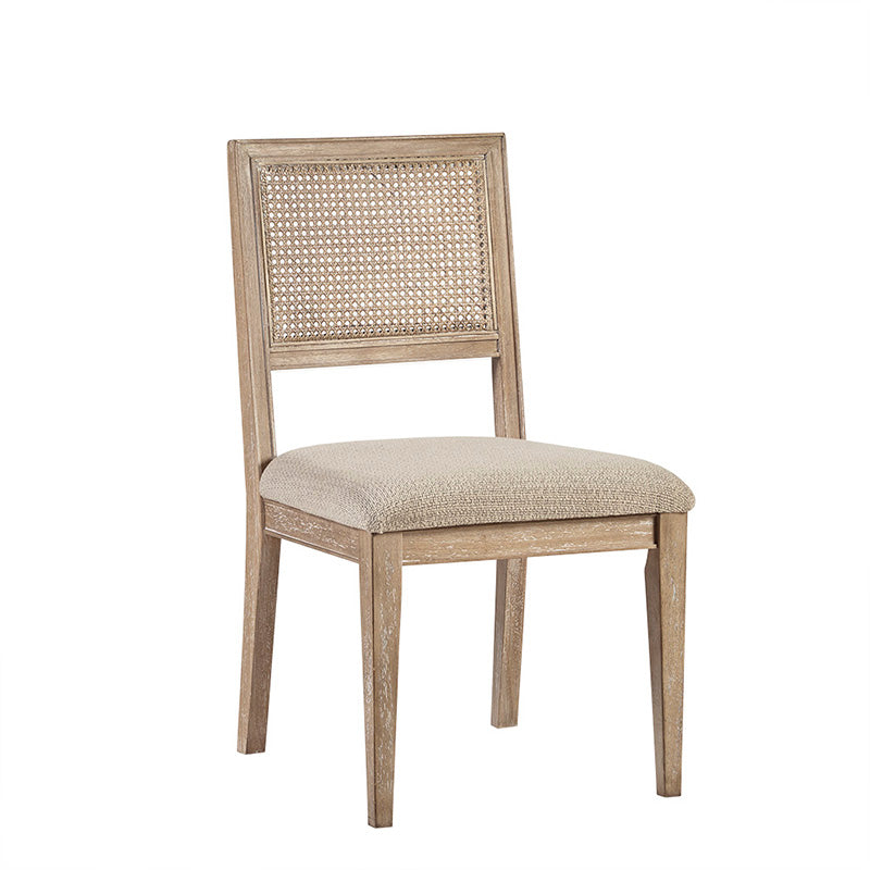 Wood dining chair with padded seat and cane back in front view 