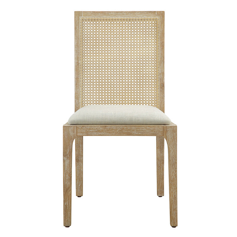 Wood dining chair with full cane back and padded seat in front view