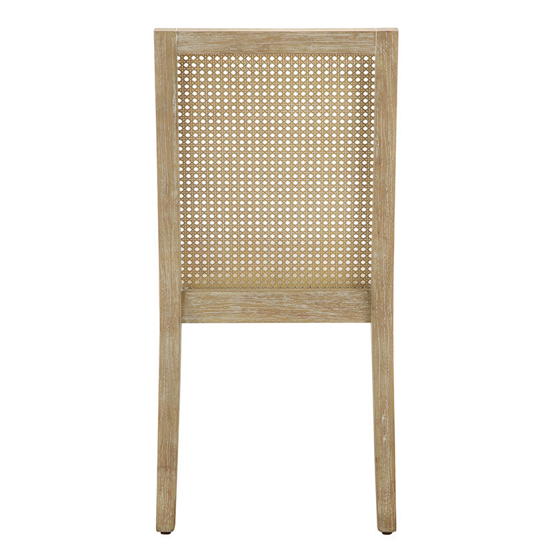 Wood dining chair in back view showing its full cane back and sturdy legs