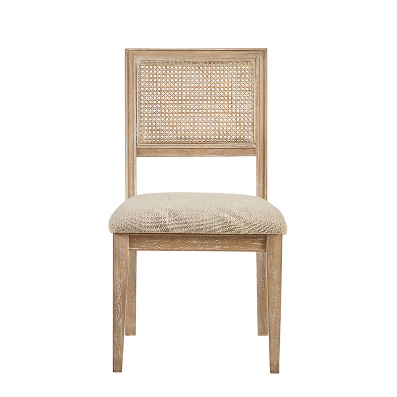 Wood dining chair with padded seat and cane back in front view 