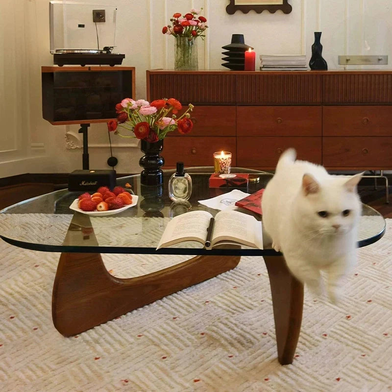 Wood and glass coffee table with brown base complementing a modern living room