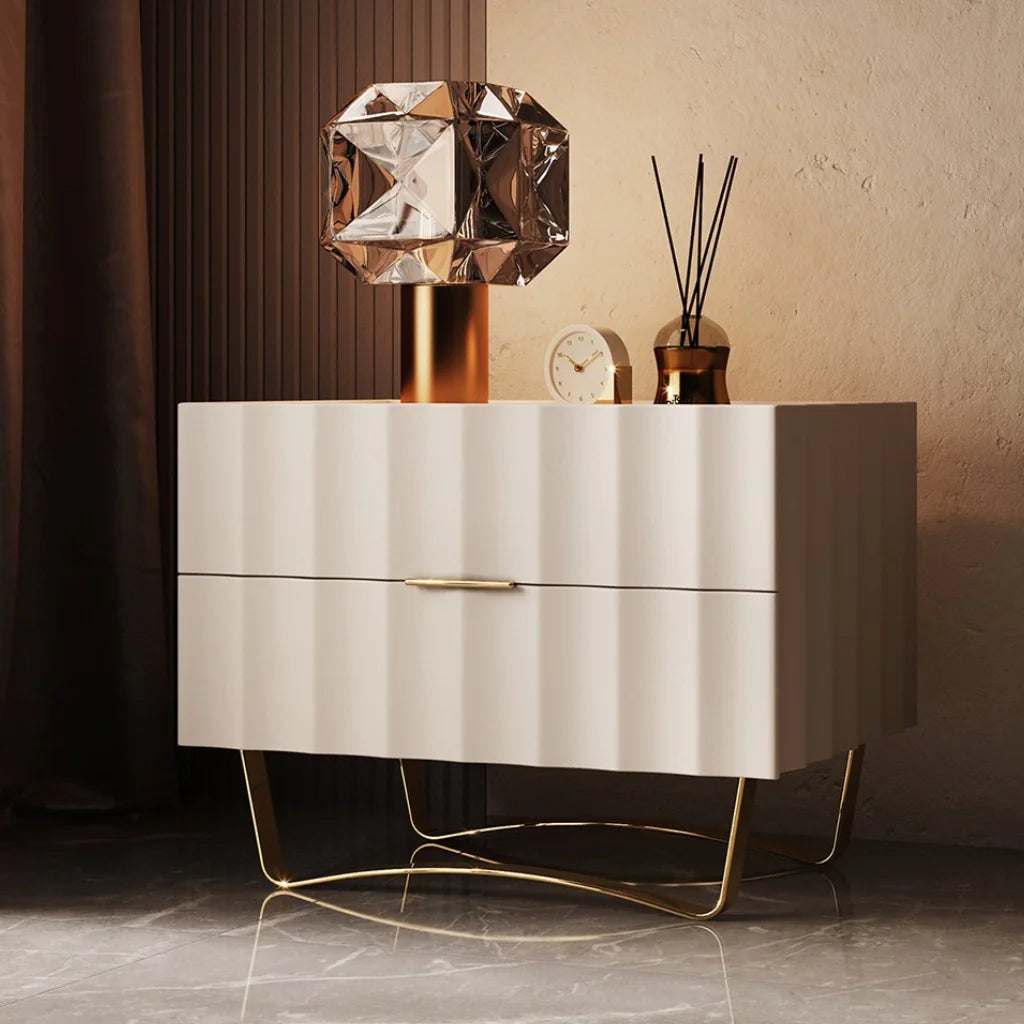 Ivory White 2 Drawer Nightstand with gold stainless steel legs