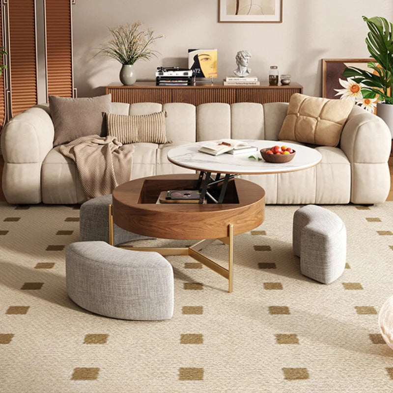 Modern wooden coffee table paired with a soft beige sofa in a modern living room setting