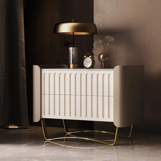 a modern nightstand with a sleek sintered stone top, two drawers, and an LED light at the bottom, perfect for bedside table ideas.