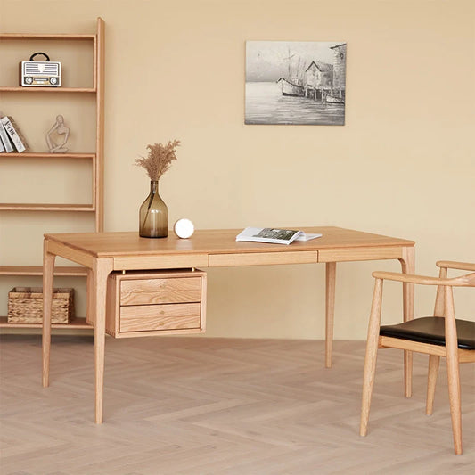 Wood office desk with drawers in natural finish