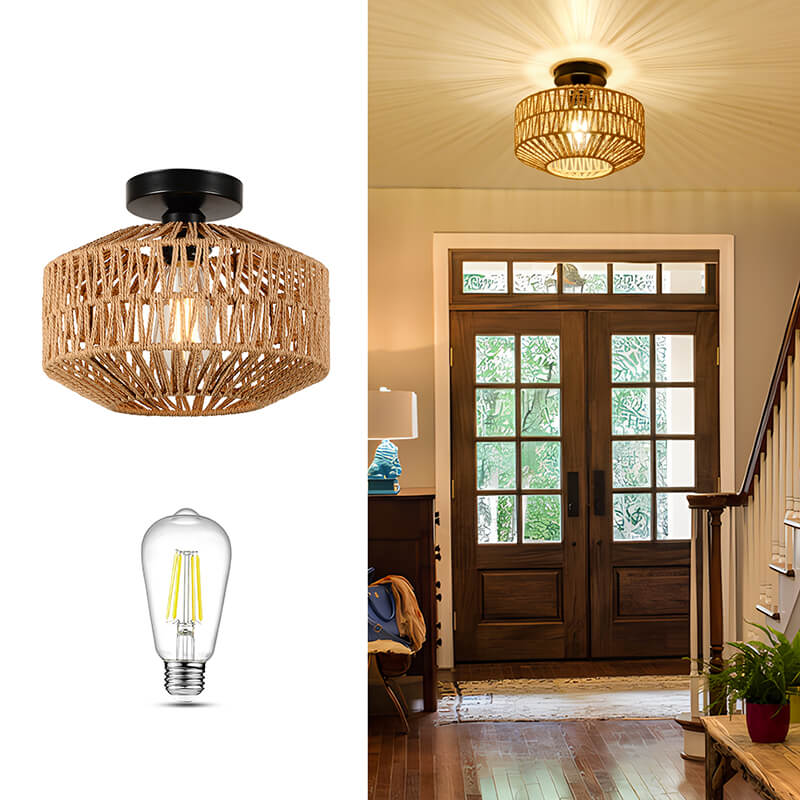 Mini Brown Rattan Flush Mount Light