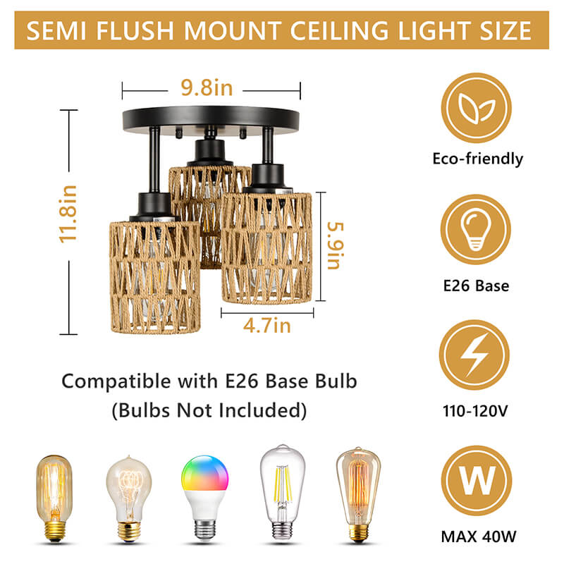 Rattan 3-Lights Boho Flush Mount Light 