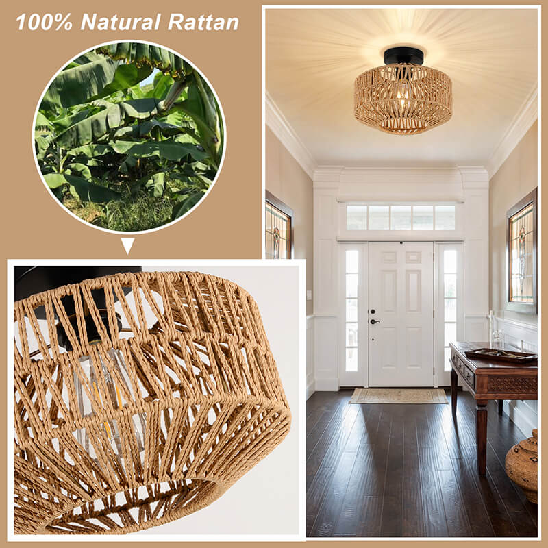 Mini Brown Rattan Flush Mount Light