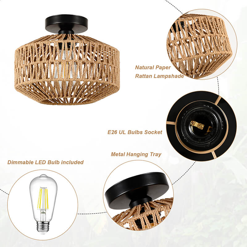 Mini Brown Rattan Flush Mount Light