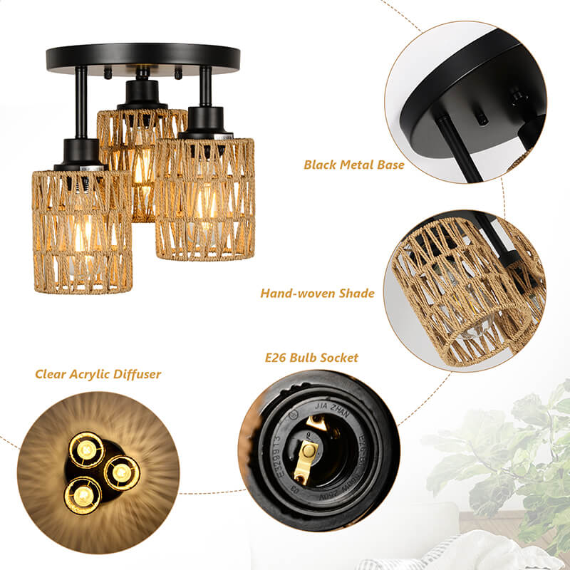 Rattan 3-Lights Boho Flush Mount Light 