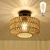 11.4" Mini Brown Rattan Flush Mount Light with Dimmable LED Bulb - Rustic Style