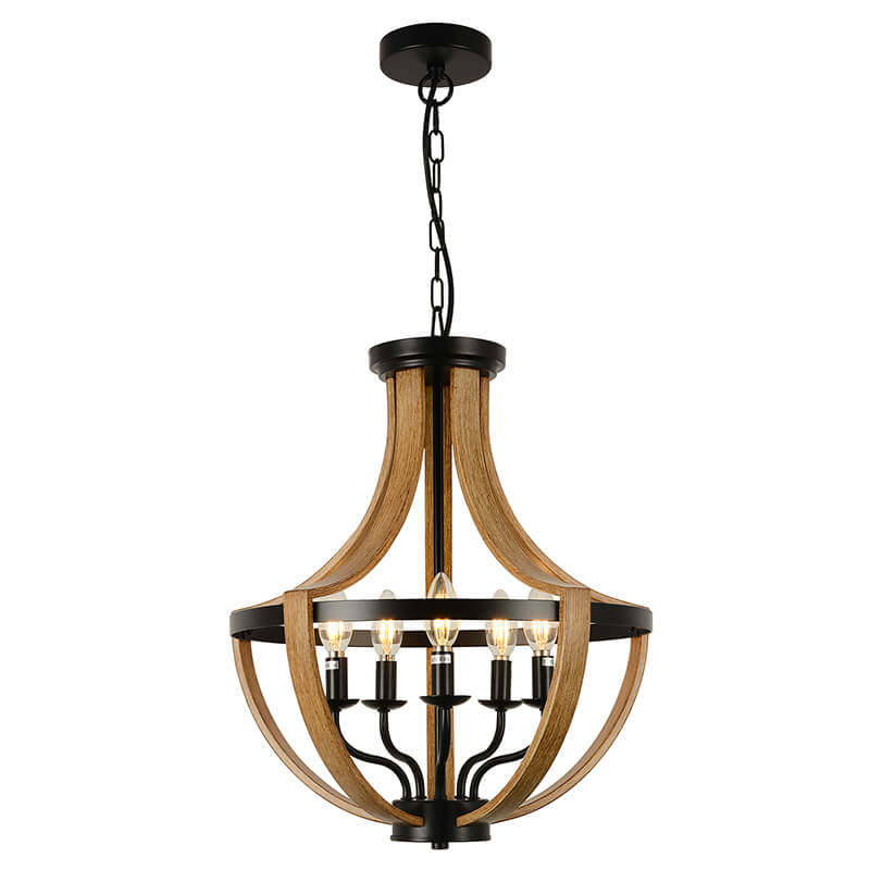  Farmhouse 5-Light Faux Wood Metal Chandelier