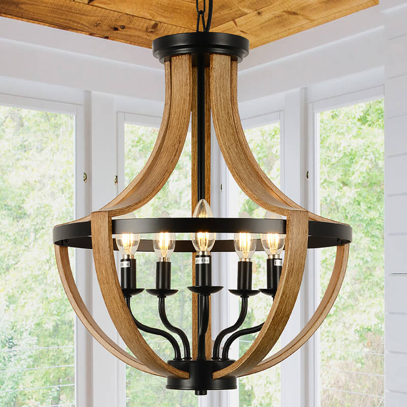  Farmhouse 5-Light Faux Wood Metal Chandelier