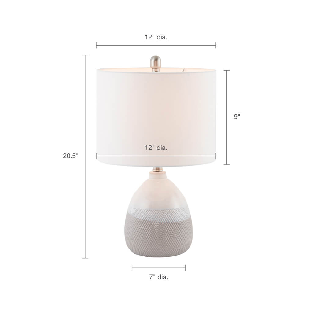 Dimension image of the grey and white ceramic table lamp