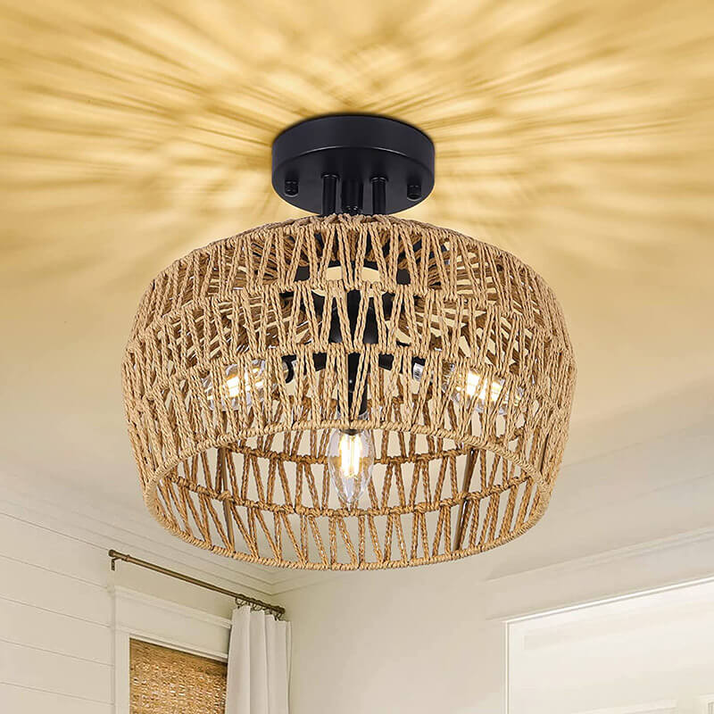 Brown Rattan Semi Flush Mount Light