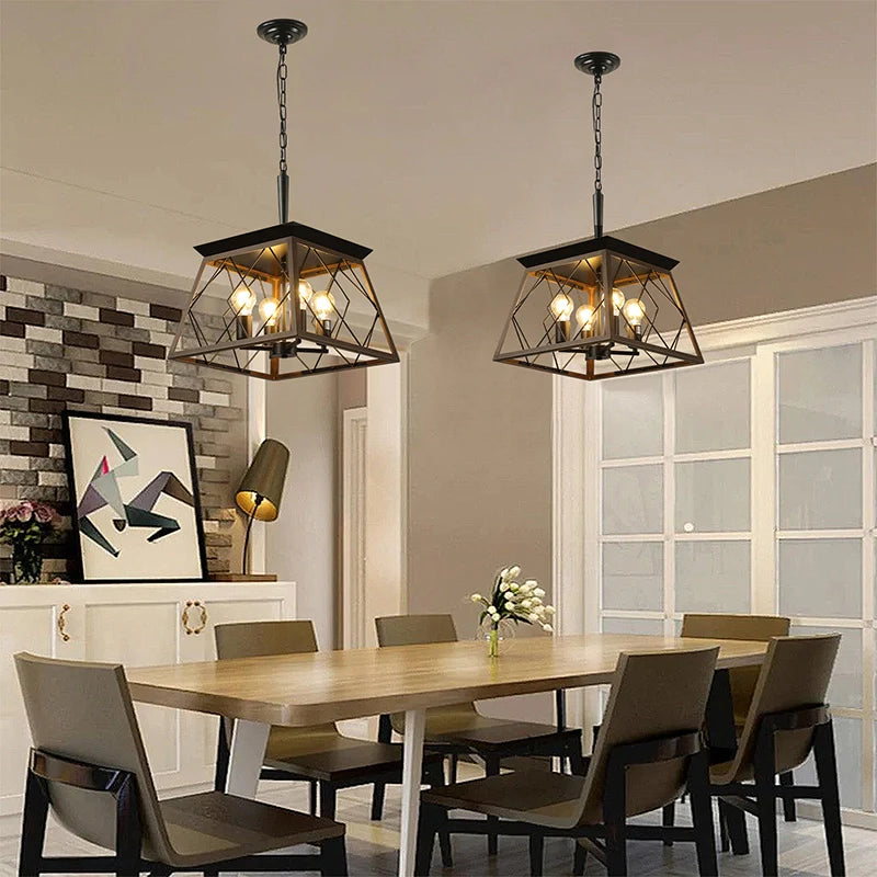 a farmhouse dining chandelier illuminating a living area