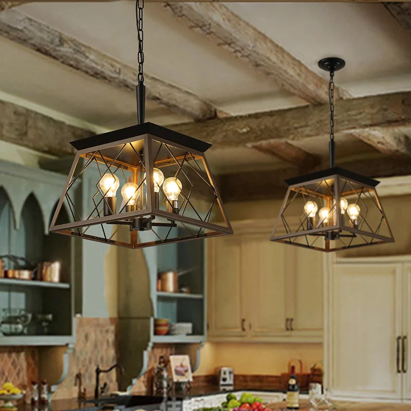 An antique farmhouse dining room chandelier above a kitchen island