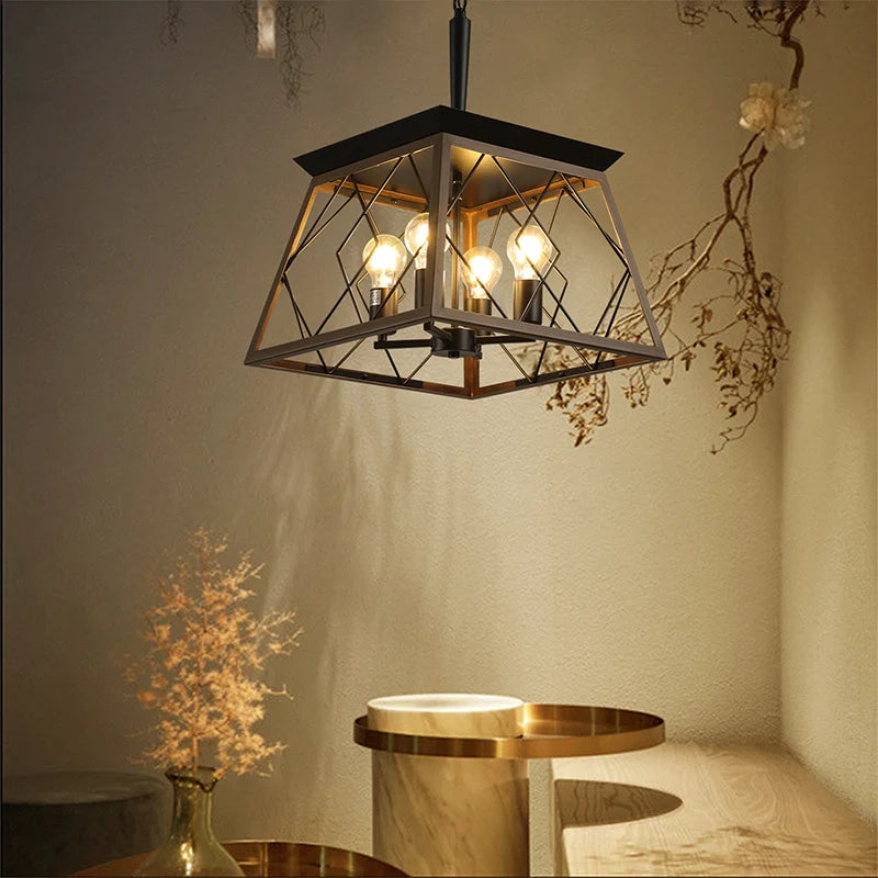 a farmhouse dining chandelier illuminating a living area