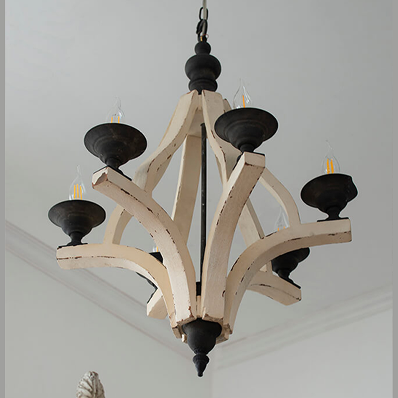 22.5" Cream 6-Light Wood Chandelier