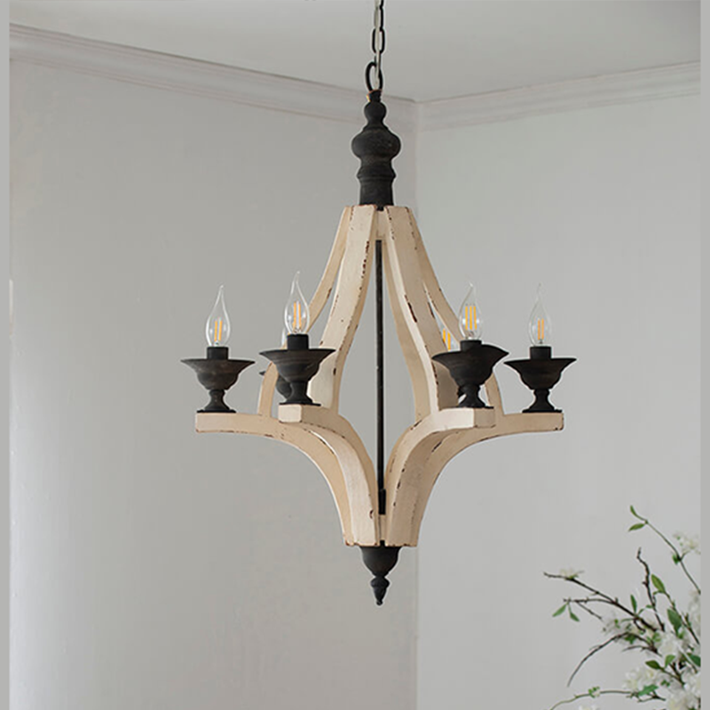 22.5" Cream 6-Light Wood Chandelier