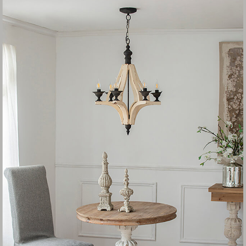 22.5" Cream 6-Light Wood Chandelier